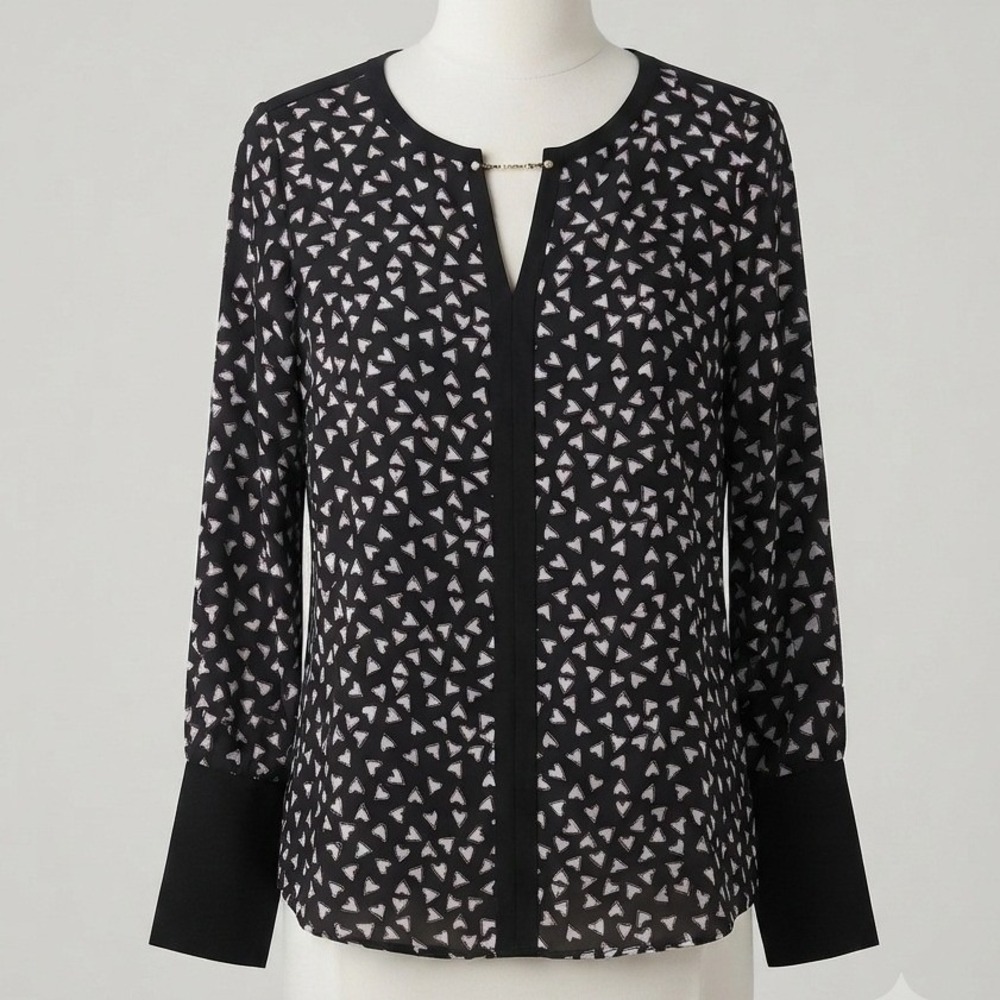 The Limited Heart Print Blouse Black Long Sleeve Chain Detail V-Neck Medium
